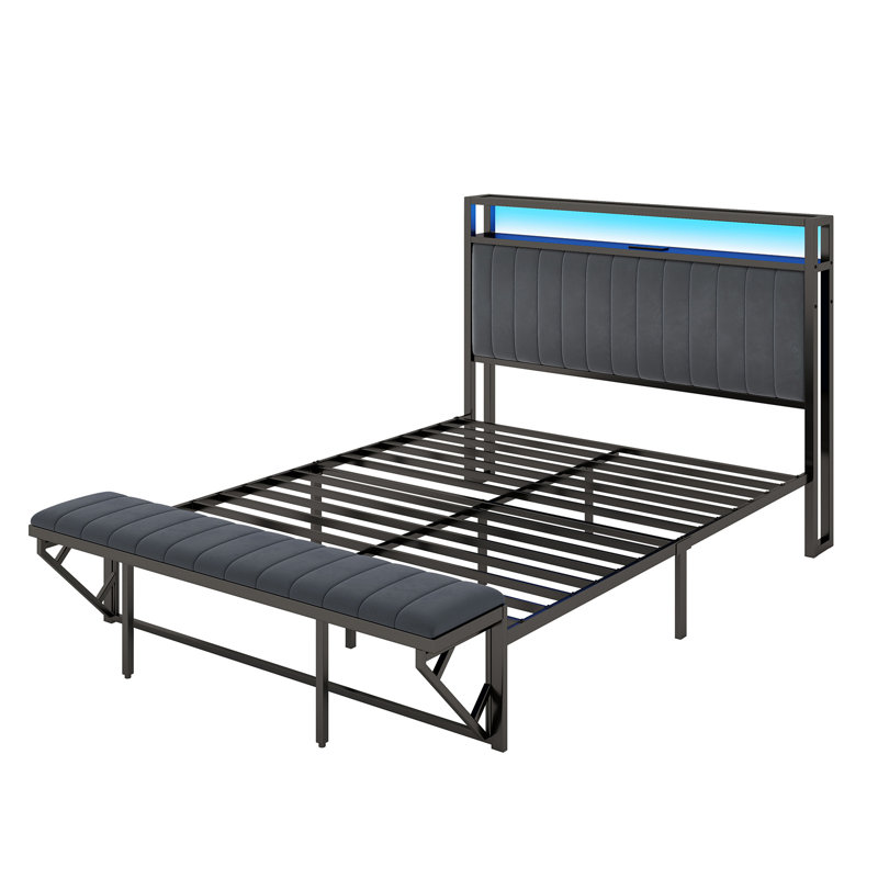 Tryston Queen Size Bed Frame With Footstool,upholstered Headboard,led Lights,Gray, Gray, Queen