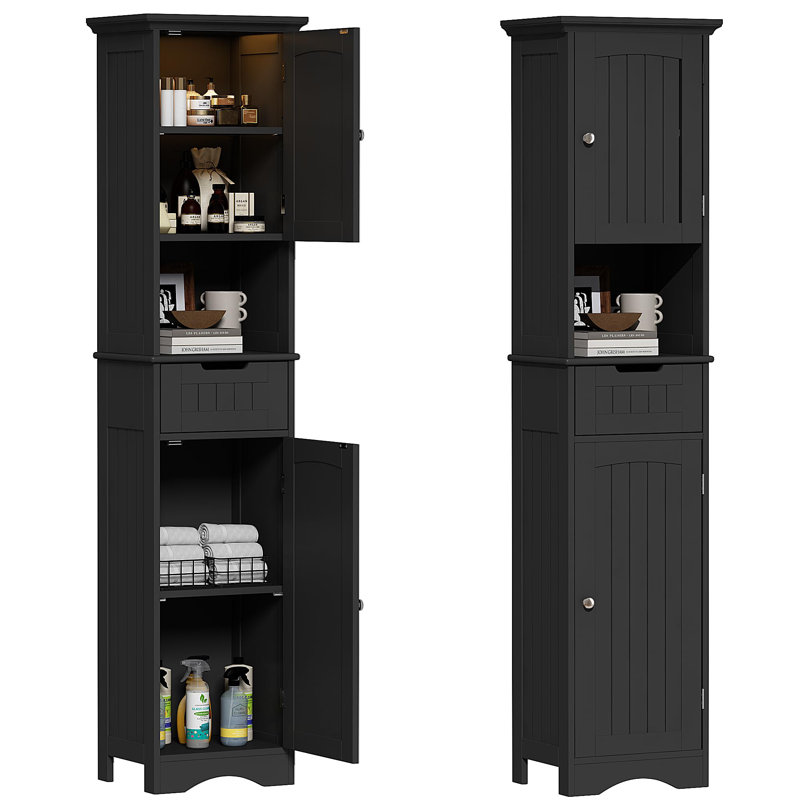 Armoire de rangement autoportante de 67 po de hauteur pour salle de bain, Noir