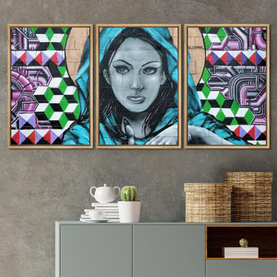 Peinture en aérosol géométrique, mystique, graffiti et art urbain, art moderne coloré, portrait urbain, 3 pièces