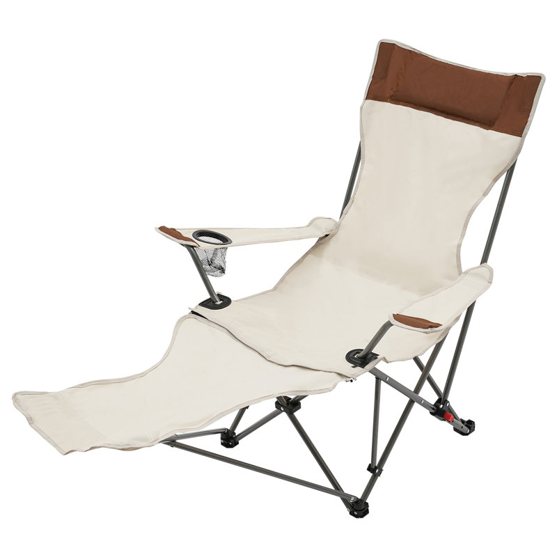Set of 2 Beige and Brown Adjustable Folding Reclining Camping Chairs
