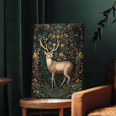 1PC, art mural encadré, cerf rétro avec des bois en tapisserie florale, art mural sur toile, impression de style botanique de forêt médiévale pour le salon, décoration de chambre à coucher, décoration élégante sur le thème de l'or vert