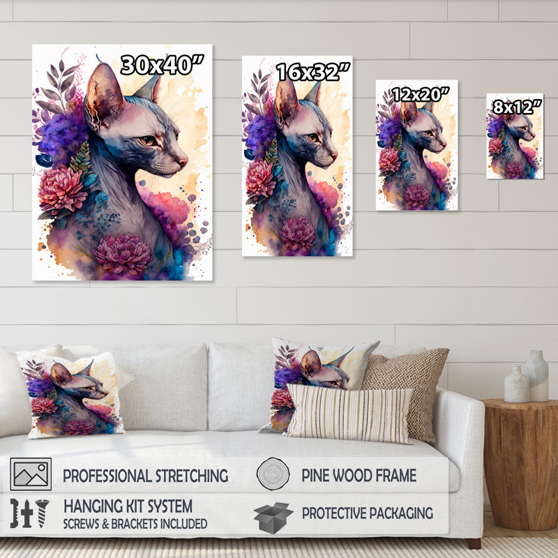 «Cute Sphynx Floral I», impression sur toile, Toile tendue, H 20 po x l 12 po x P 1 po