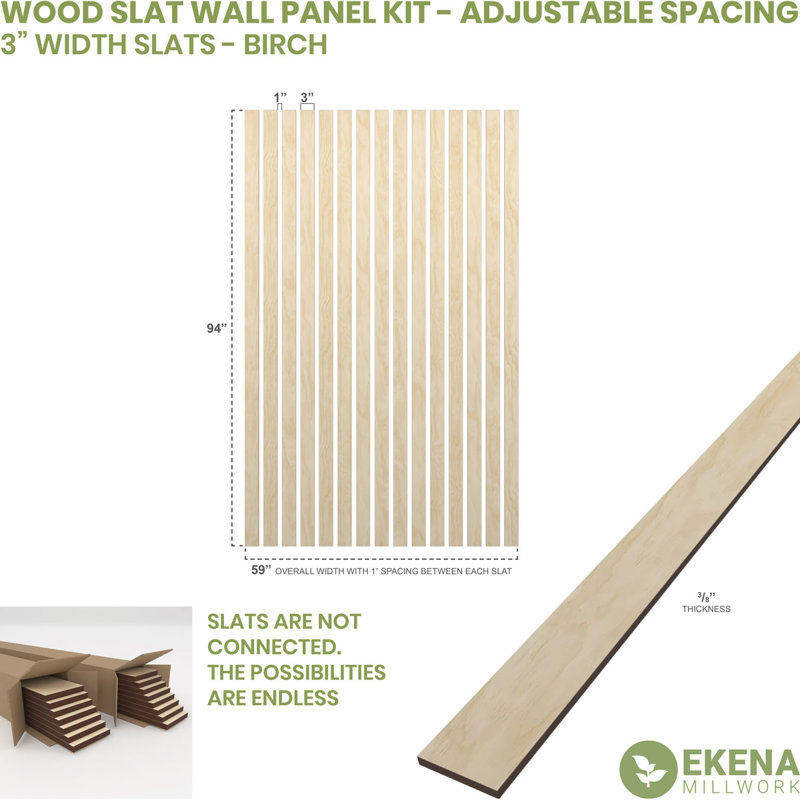 Adjustable Wood Slat Wall Panel Kit, Birch, 1"W x 47"H x 0.375"T
