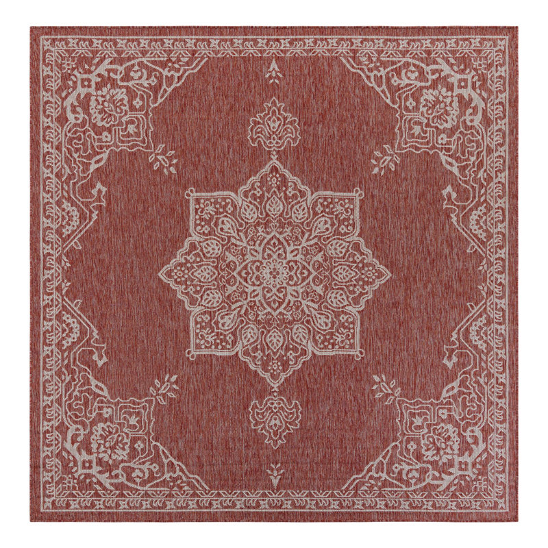 Tapis oriental intérieur / extérieur rouge / blanc Cowger, Carré 7 pi 10 po