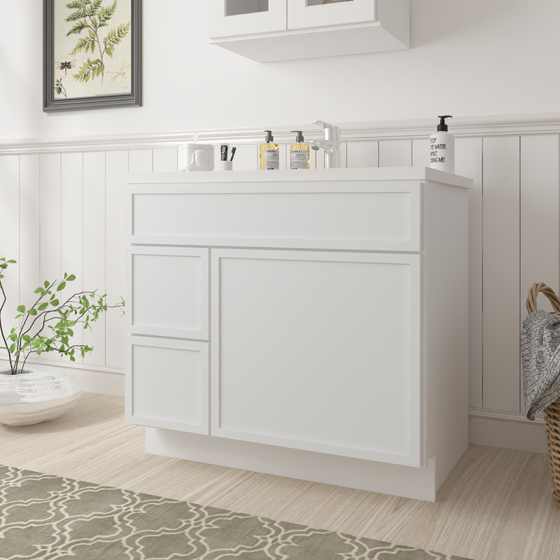 Armoire de salle de bain sur pieds 36 po avec 1 porte et 2 tiroirs, sans comptoir, prête à assembler, blanc Colton, Blanc