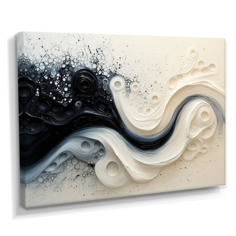 Cheadle noir et blanc, Sprial, encre rythmique, rivière II - goutte, peinture, art mural, H 24 po x l 32 po, Toile tendue