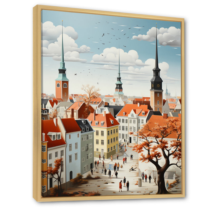 Hoosick " Hoosick Denmark Scarlet Roofs Collage I ", 40" H x 30" W x 1.5" D, Natural Floater Framed