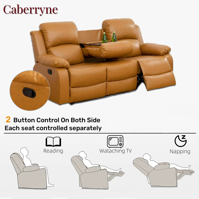 Canapé inclinable en similicuir de 78,5 po avec table rabattable Jaci, Noir mat