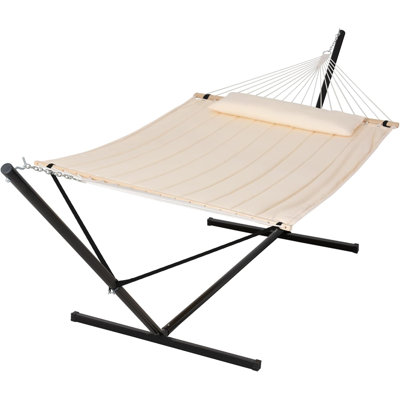 Double Outdoor Hammock With Stand - Heavy Duty Freestanding Patio Hammock For Two, Comfortable Quilted Polyester With Pillow, Sturdy Steel Frame & Thick Woven Ropes For Backyard, Camping
