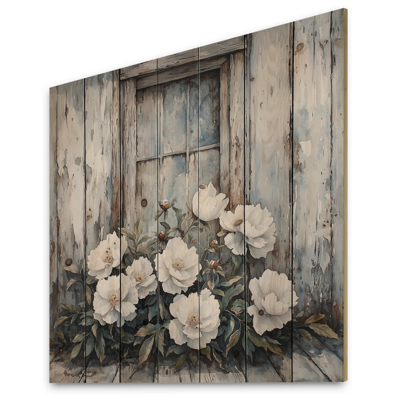 Pivoines et grange patinée II - Art mural en bois pivoines - sur bois de pin naturel, H 30 po x l 30 po x P 0,78 po