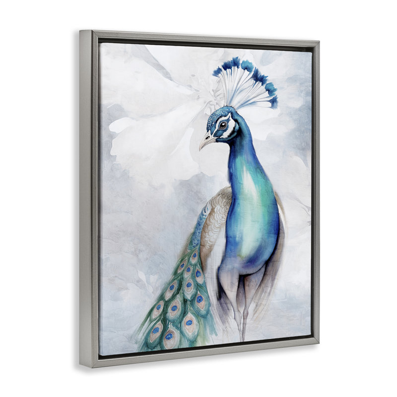 "Soft Soft Elegant Peacock Portrait", art mural sur toile flottante dorée par Kim Allen, Cadre flottant gris lustré