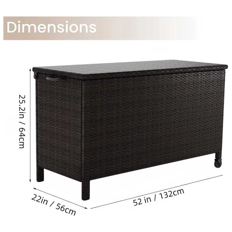 Outdoor 150 Gallon Rattan Deck Box With Support Frame And 2 Wheels, Handle Large Waterproof Storage Box, Flip Top Deck Storage Box For Yard, Porch