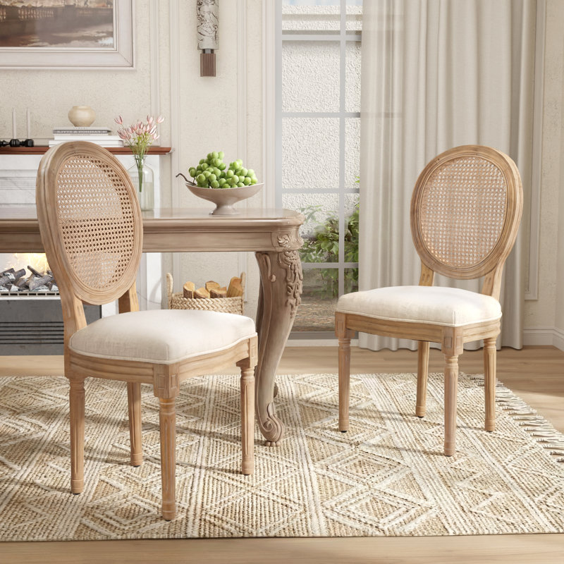 French Style Rattan Back Solid Wood Upholstered Dining Chairs(Set of 2), Beige