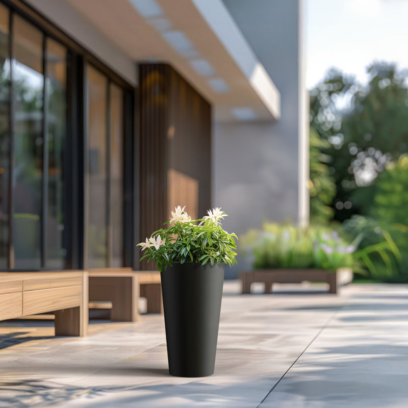 Medium Concrete Round Planter / Pot With Drainage Holes, Charcoal Black, 19.69" H x 11.81" W x 11.81" D