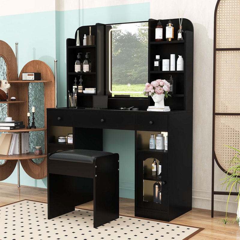 Vanity Table with LED Lighted Mirror, RGB Glass Cabinets, Drawers, Shelves, Power Outlets and Stool, Black