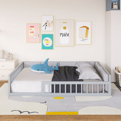 Wood Frame Full Size Upholstered Platform Bed With Guardrail And Pillow