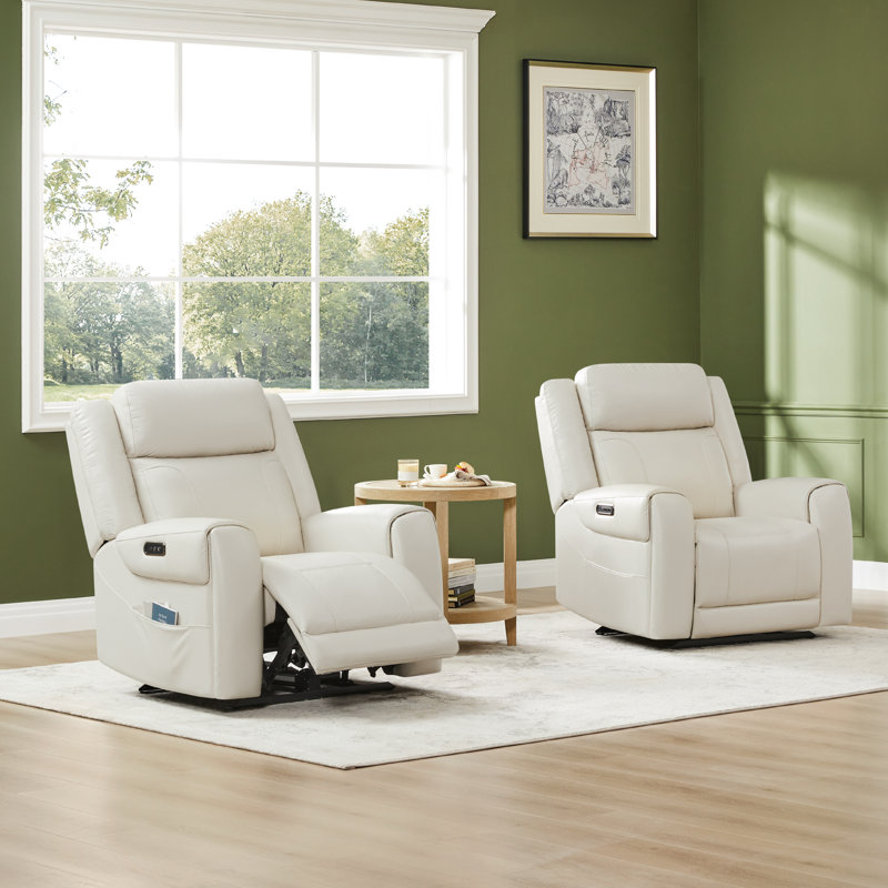 Fauteuil inclinable électrique en cuir véritable à double moteur avec appui-tête et porte-gobelets Winslow, Crème, crème