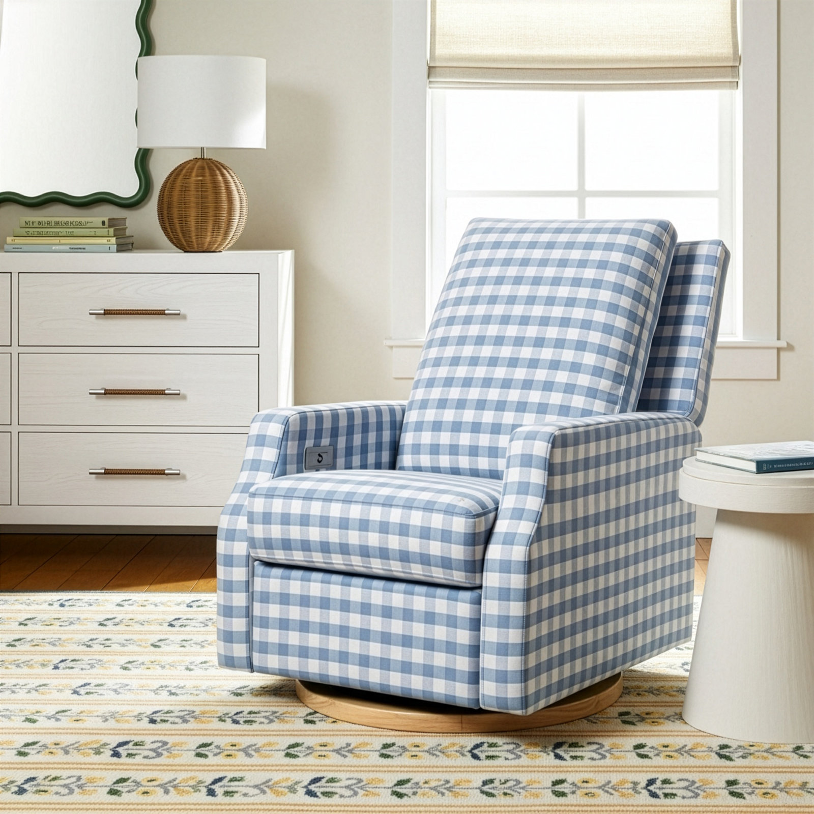 Crewe Swivel Glider, Blue Gingham with Light Wood Base