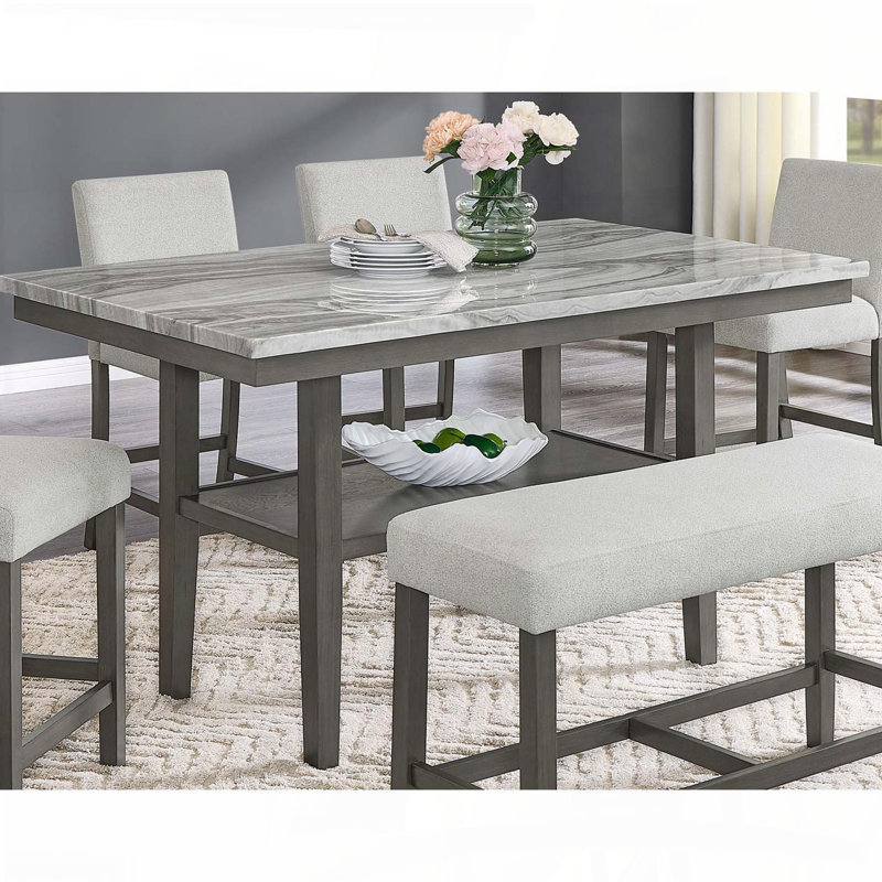 Table rectangulaire à hauteur de comptoir 60 po Selena - Plateau en faux marbre gris, tablette de rangement