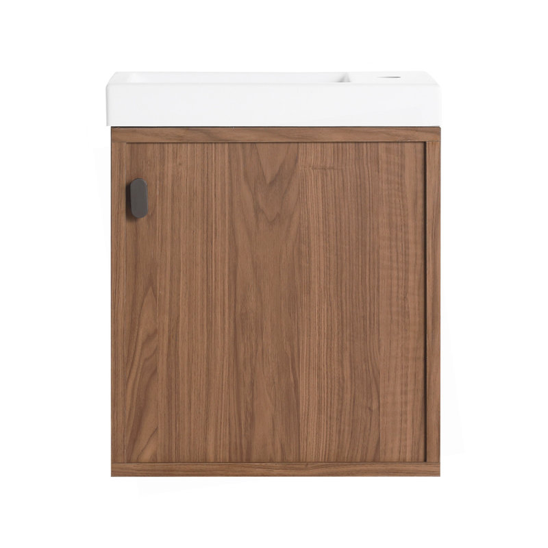 Meuble-lavabo mural 18,5 po avec lavabo en résine, porte simple à fermeture douce, panneau de fibres à densité moyenne, noyer naturel