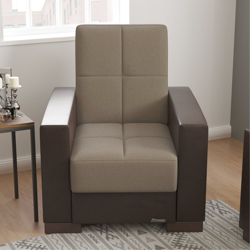 Fauteuil confortable avec rangement, revêtement en chenille beige / brun inclus pour l'intérieur