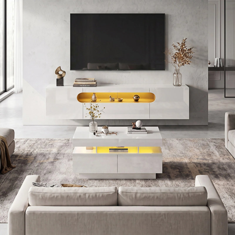 Modern Living Room Set, High-Gloss Floating LED TV Stand & Rectangular Coffee Table Combo, White