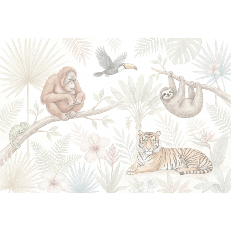 Papier peint fond blanc avec décoration murale fond blanc amovible Jungle Vibe, 160 po x 108 po, Peler et coller