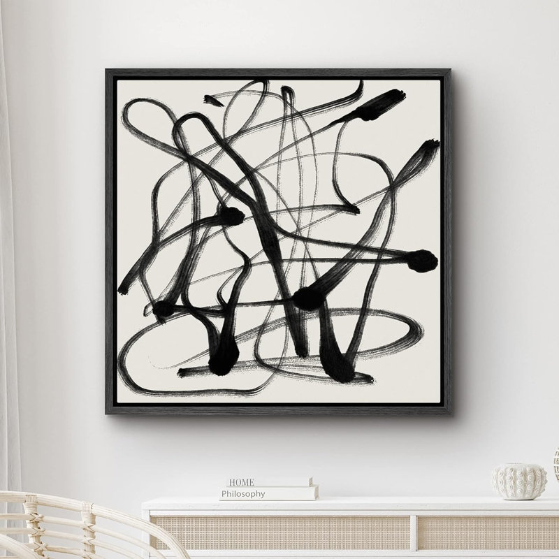 Collage de coups de peinture torsadés gris-noir - reproduction sur toile flottante, H 24 po x l 24 po x P 1,5 po, Cadre noir