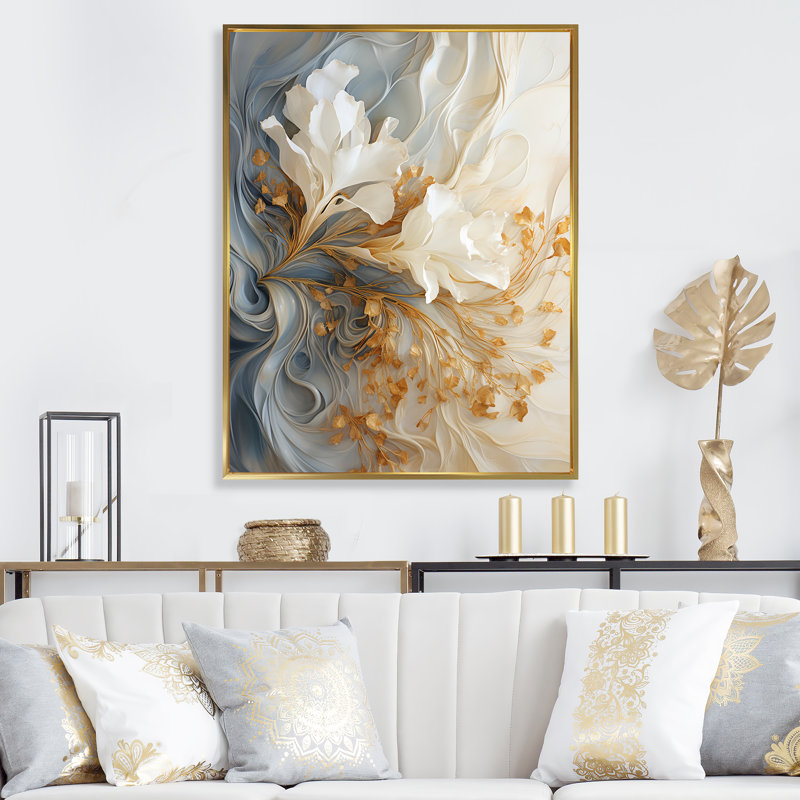 Champagne blanc et or blanc V - Champagne, art mural, Cadre flottant doré, H 40 po x l 30 po x P 1,5 po