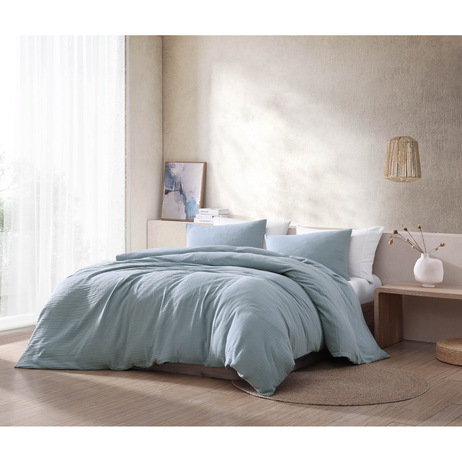 Cotton Bedding Set, Queen Comforter + 2 Standard Shams, Light Blue