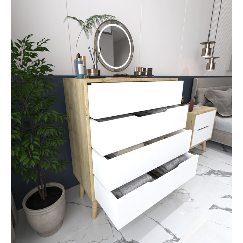 Commode 4 tiroirs - Pieds en bois, Blanc / Chêne