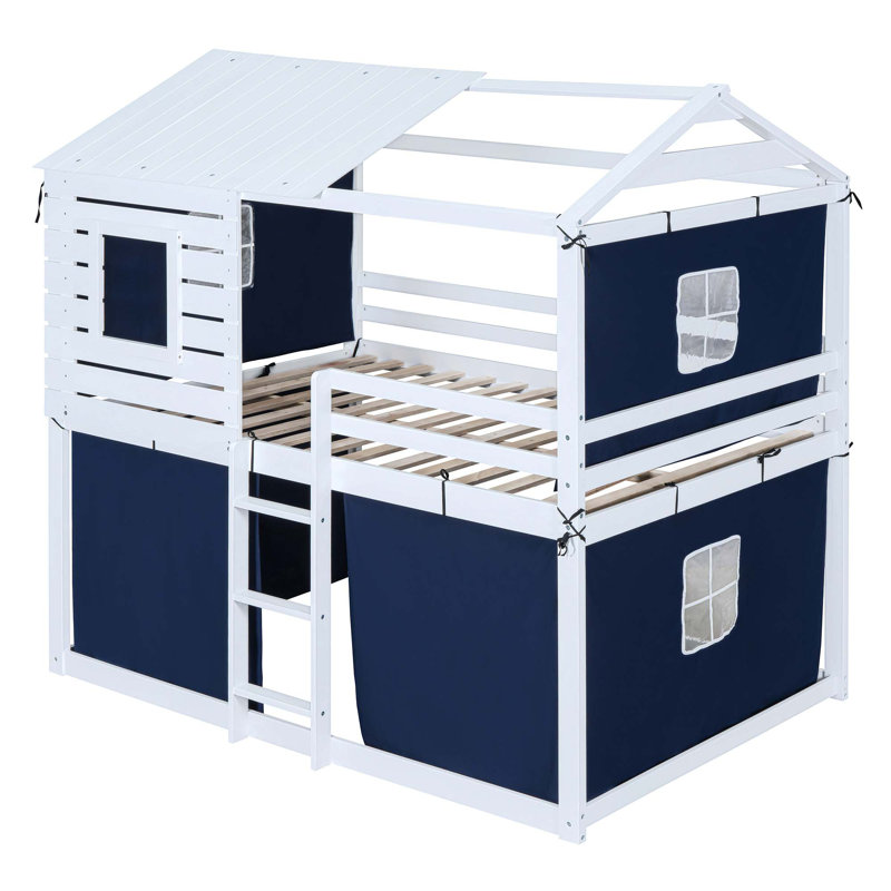 Lit superposé en bois avec tente, Double, Bleu