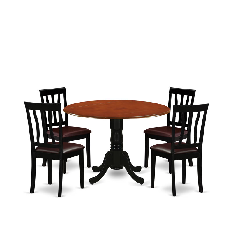 L'ensemble de mobilier de salle à manger 5 pièces comprend une table de cuisine ronde avec Dropleaf et 4 chaises de salle à manger rembourrées en similicuir de 42 po x 42 po, noir et cerise