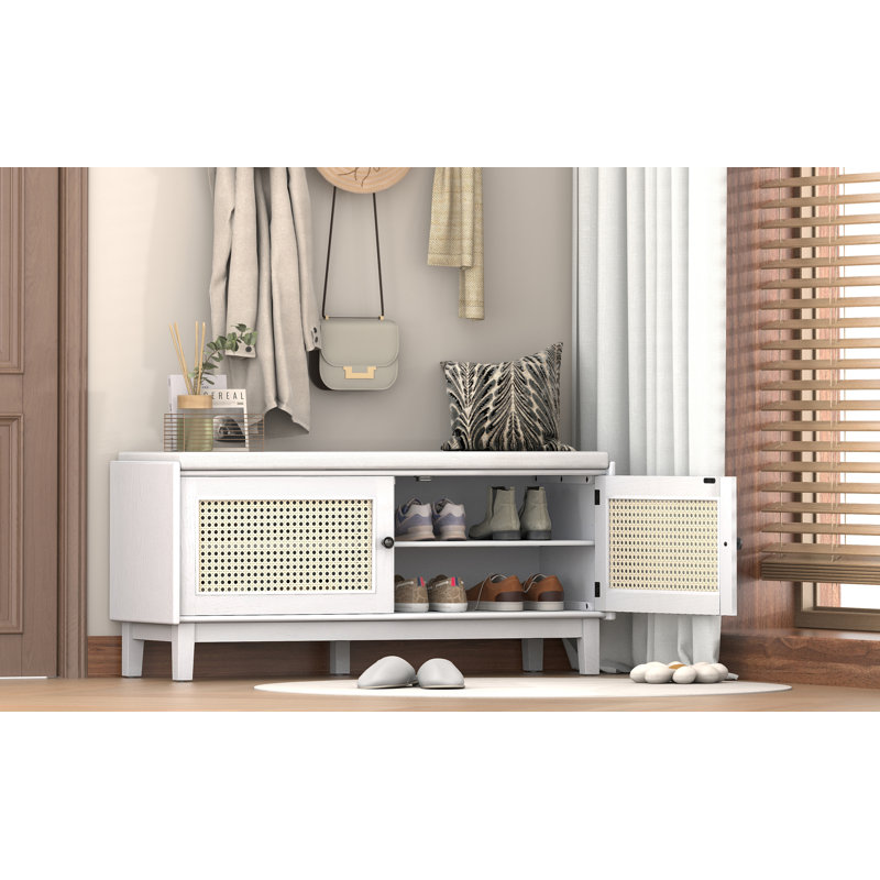 Banc d'entrée en rotin avec rangement Boho, Blanc / beige