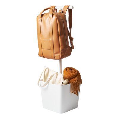 Yamazaki Home Tower Yamazaki Home Backpack Stand With Cubby – Adult And Kids Backpack Organizer With Hanger Bar, Hooks And Storage Basket For School Bags, Supplies, Entryway - Steel