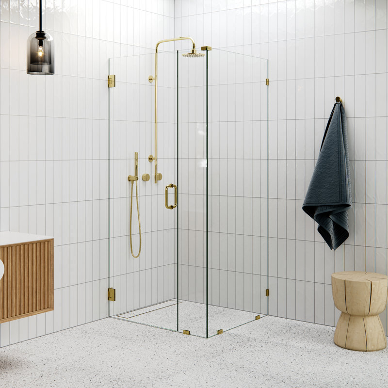78" H Pivot Frameless Shower Door, Polished Brass