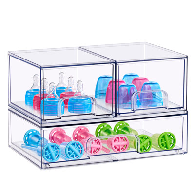 Sorbus Stackable Acrylic Storage Drawers, 3 Pack Clear Plastic Organizer Bins for Baby Bottles, Makeup, Bathroom, Vanity & Kitchen Countertop Organiza