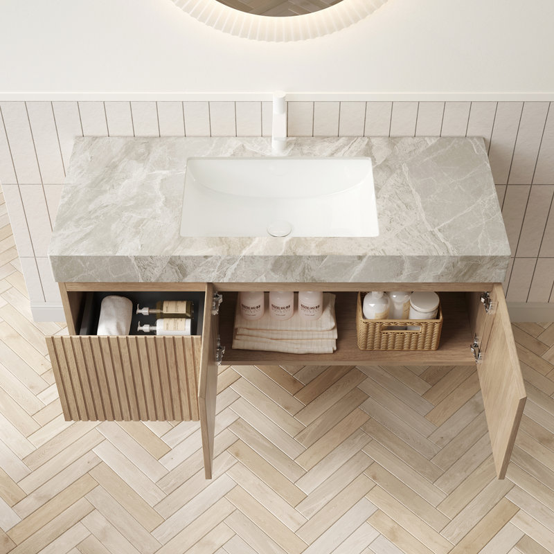 Meuble-lavabo mural de 18,5 pouces avec lavabo en résine, porte à fermeture en douceur et panneau de fibres à densité moyenne durable pour les salles de bain modernes
