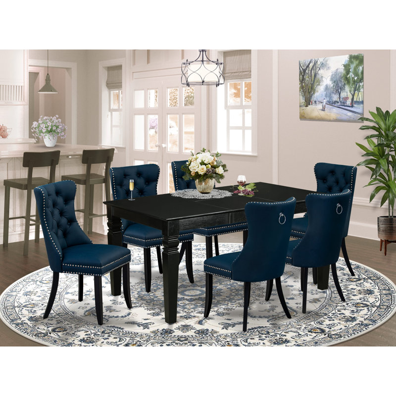 Ensemble de table de salle à manger 7 pièces comprenant une table de cuisine rectangulaire avec rallonge papillon et 6 chaises rembourrées en polyester, noir