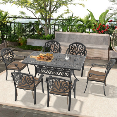 7-Piece 58.27" L 34.65" W Rectangula Table Cast Aluminum Outdoor Dining Set with Umbrella Hole and Brown Cushions