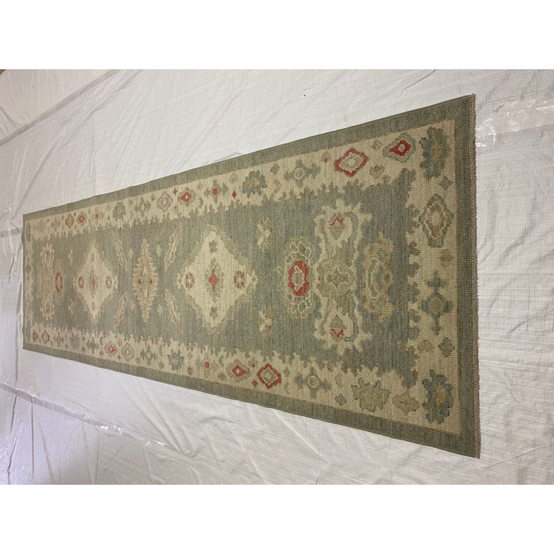 Tapis de couloir gris / ivoire en laine noué à la main de conception unique 3 pi 2 po x 10 pi 1 po Ushak