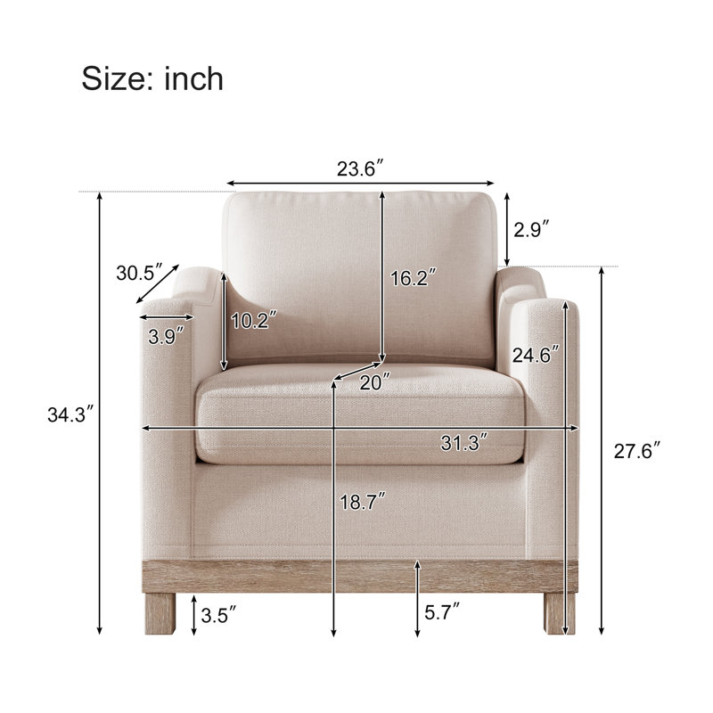 Fauteuil de 31,3 po de largeur Luretha, Mélange de lin beige