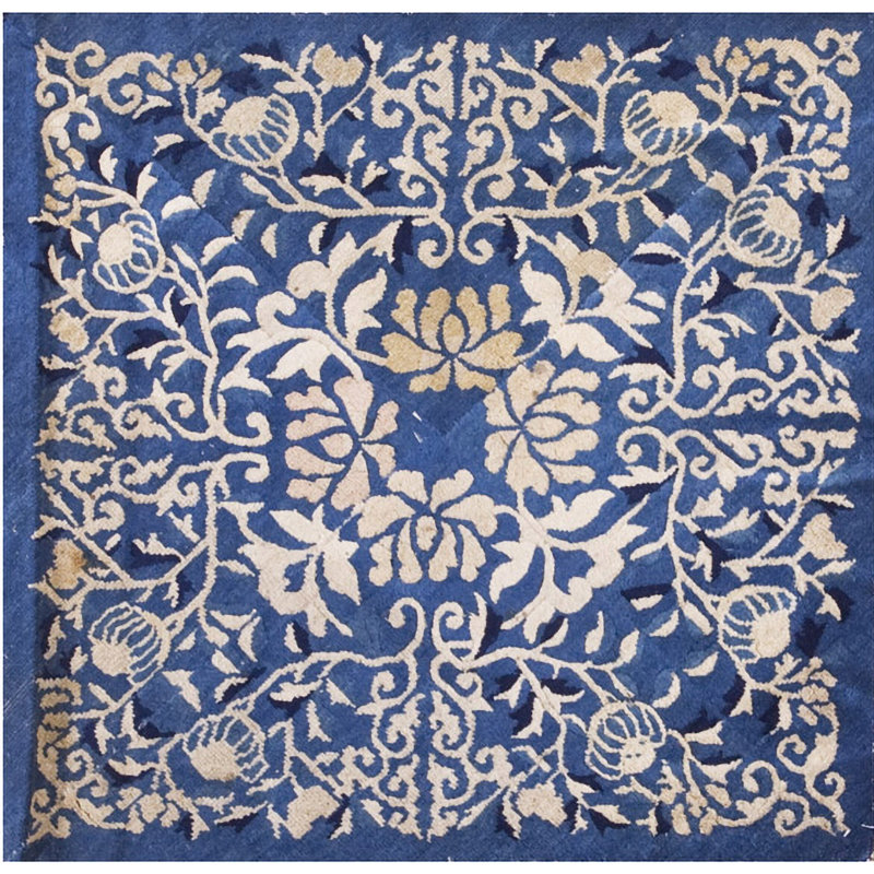 Small Scatter Size Square Shape Antique Blue and White Floral Chinese Rug