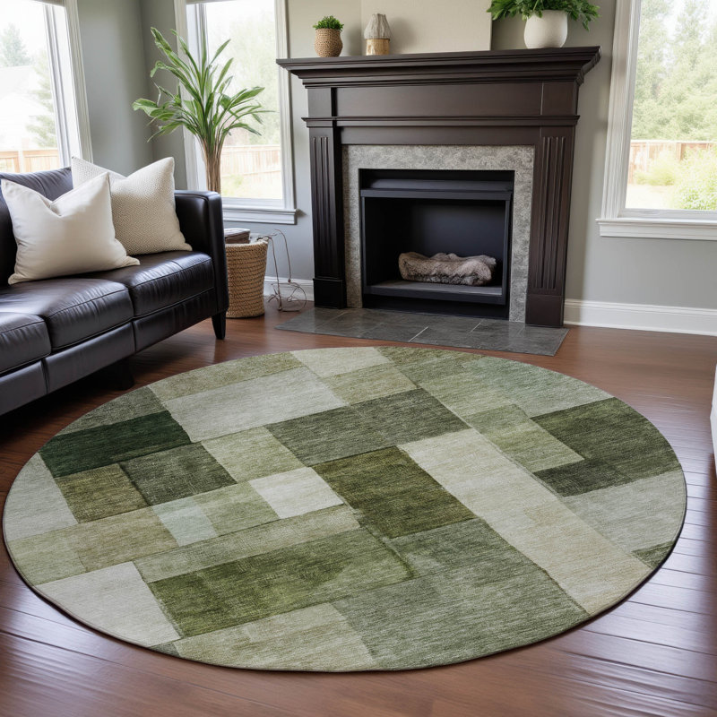 Premium Machine Washable Lyndhurst AMF1190 Squares Rug, Rond 8 pi
