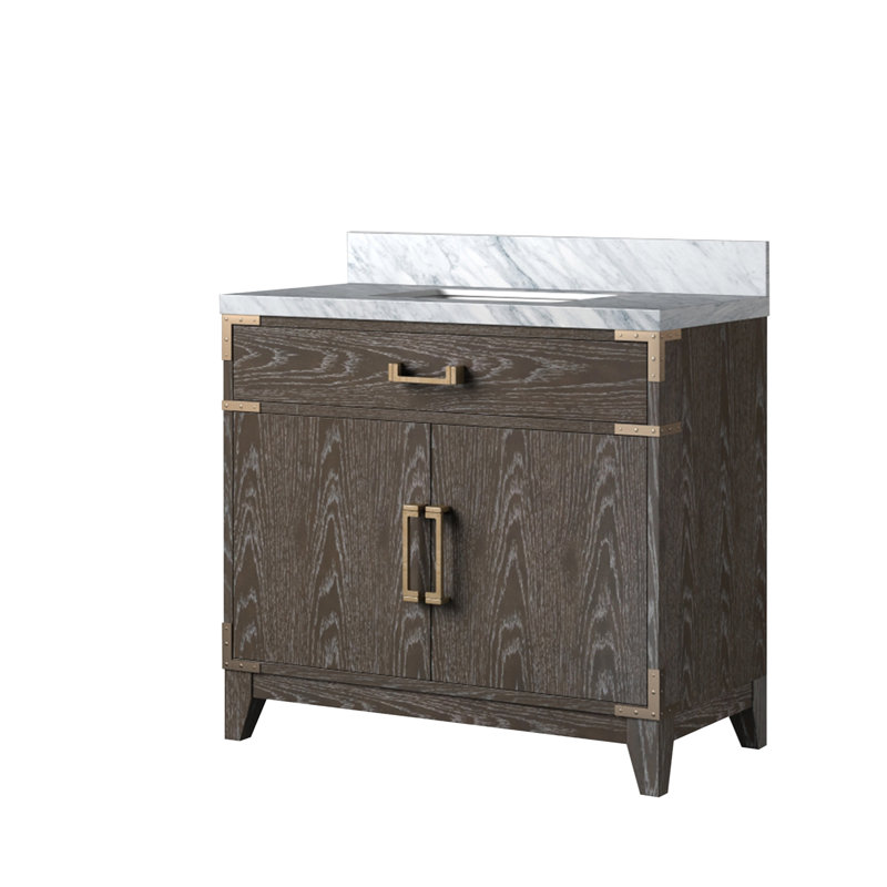 Single Bath Vanity with Marble Top, Brown Oak