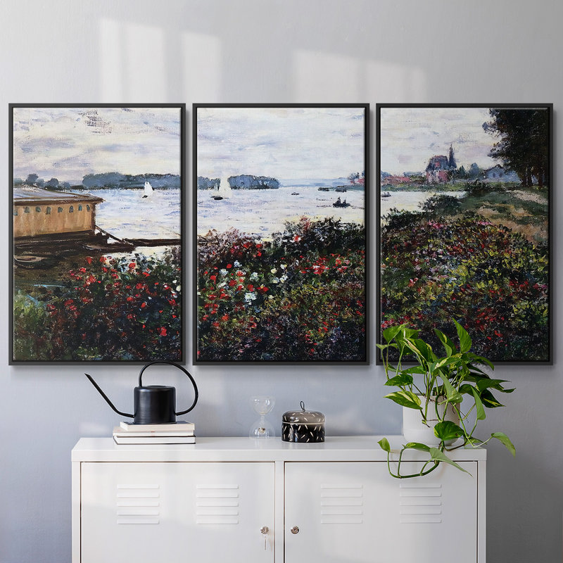 Riverbank At Argenteuil, 1877, reproduction d'art encadrée sur toile 3 pièces, Noir, H 36 po x l 75 po x P 2 po
