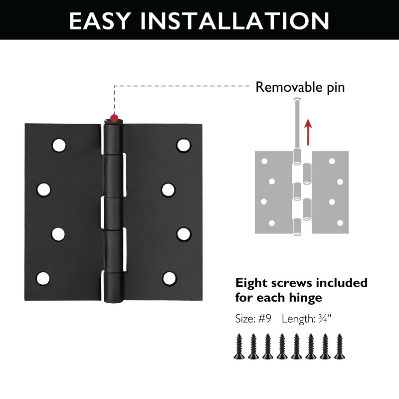 Matte Black Steel 4'' x 4'' Door Hinges with Removable Pin