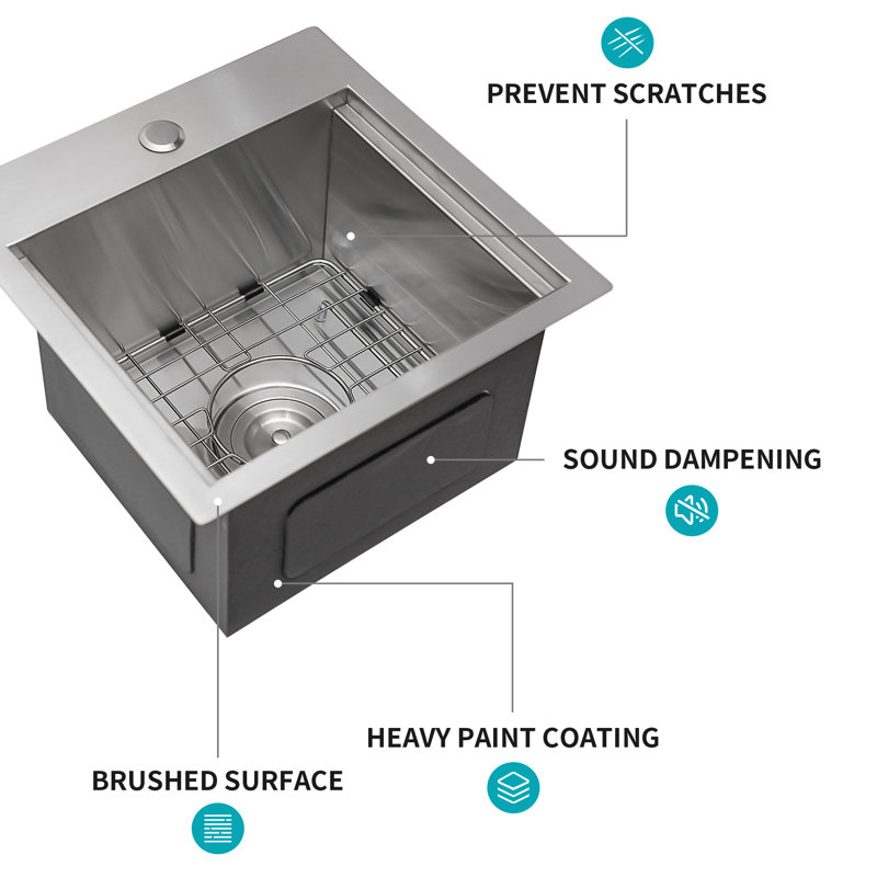 Évier de cuisine encastré 15 po, évier de poste de travail en acier inoxydable de calibre 16, cuve simple à montage sur le dessus, 15 po x 15 po x 9 po | Idée cadeau