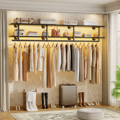 73-Inch Clothes Rack With Top Shelf, 2 Tiers Wall Mounted Shelves With Hanging Rod For Laundry Room