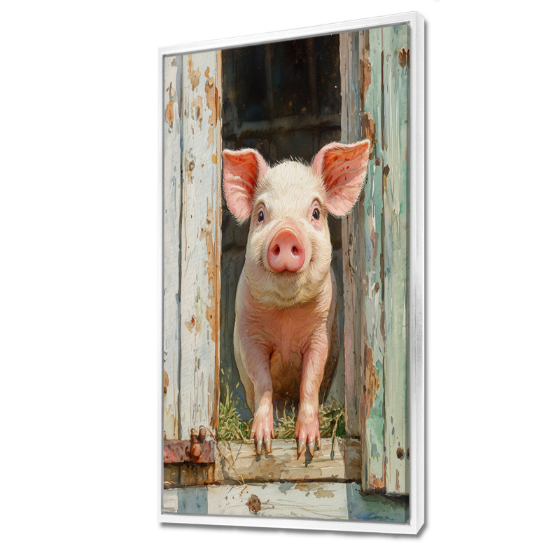 «Groner Farm Pig Portrait Of Happiness II», art mural cochon, H 60 po x l 28 po, Reproduction avec cadre flottant, Blanc